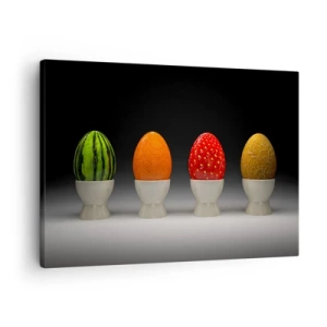 Canvastavla - Bild på duk - Färgglada ägg som liknar frukt på en mörk bakgrund - 70x50cm - Fruktfrukost - Modern väggdekoration för vardagsrum och sovrum ARTTOR