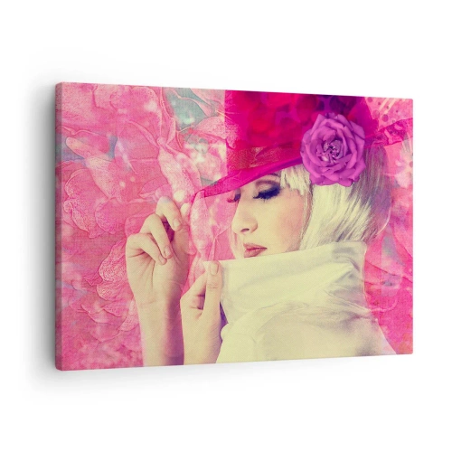 Canvastavla - Bild på duk - Snygg kvinna i en rosa hatt med en blomma - 70x50cm - Retroporträtt i rosa ångor - Modern väggdekoration för vardagsrum och sovrum ARTTOR
