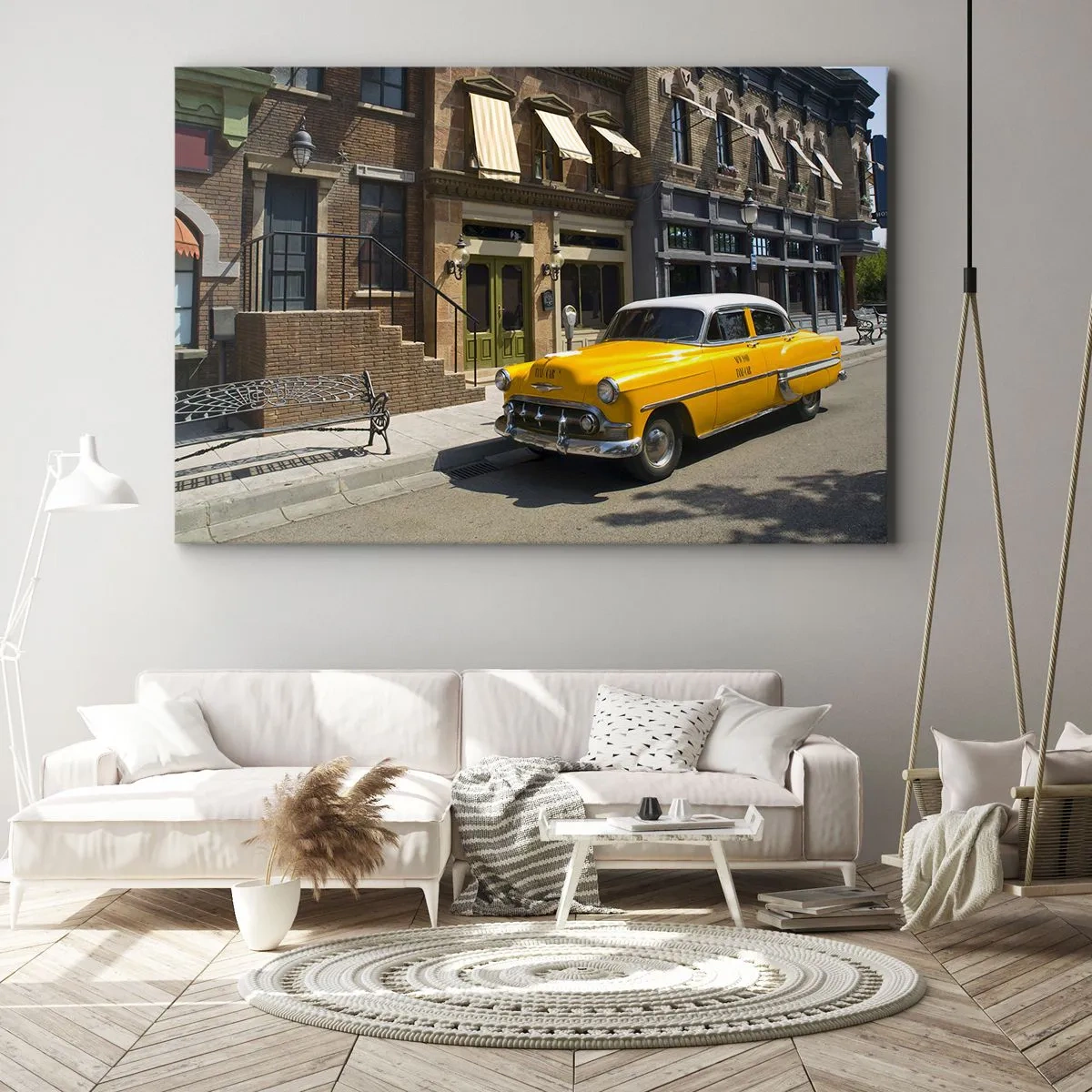 Canvastavla - Bild på duk - En gul taxi på en gata kantad med hyreshus - 70x50cm - Once Upon a Time in America - Modern väggdekoration för vardagsrum och sovrum ARTTOR