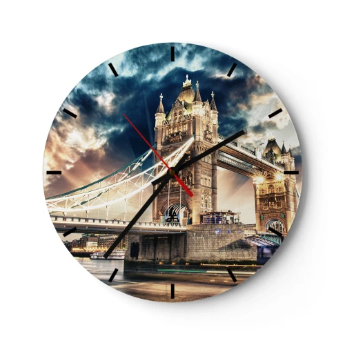 Väggklocka - Klocka på glas - Tower Bridge på natten med en dramatisk himmel - 30x30cm - Monument över viktorianska imperiet - Modern väggdekoration för vardagsrum, kök och sovrum ARTTOR