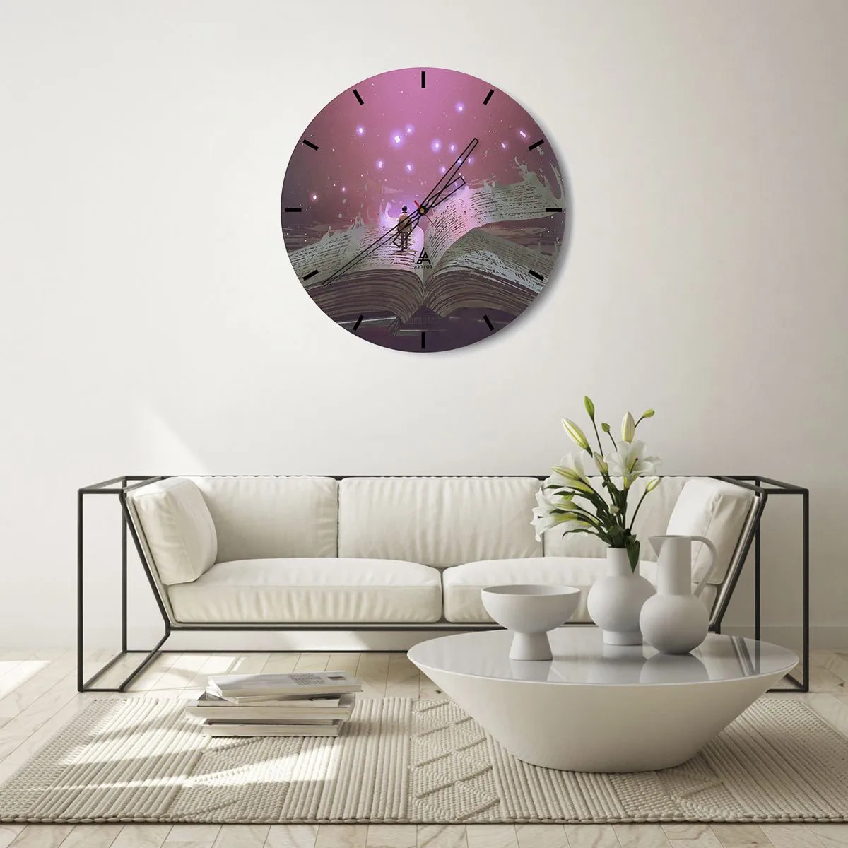 Väggklocka - Klocka på glas - En öppen bok med ett magiskt rosa sken - 30x30cm - Inbjudan till en annan värld - läs! - Modern väggdekoration för vardagsrum, kök och sovrum ARTTOR