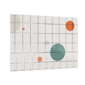 Glastavla - Bild på glas - Färgglada cirklar på ett geometriskt rutnät av tunna linjer - 70x50cm - Fångade. Vi eller de? - Modern väggdekoration för vardagsrum och sovrum ARTTOR
