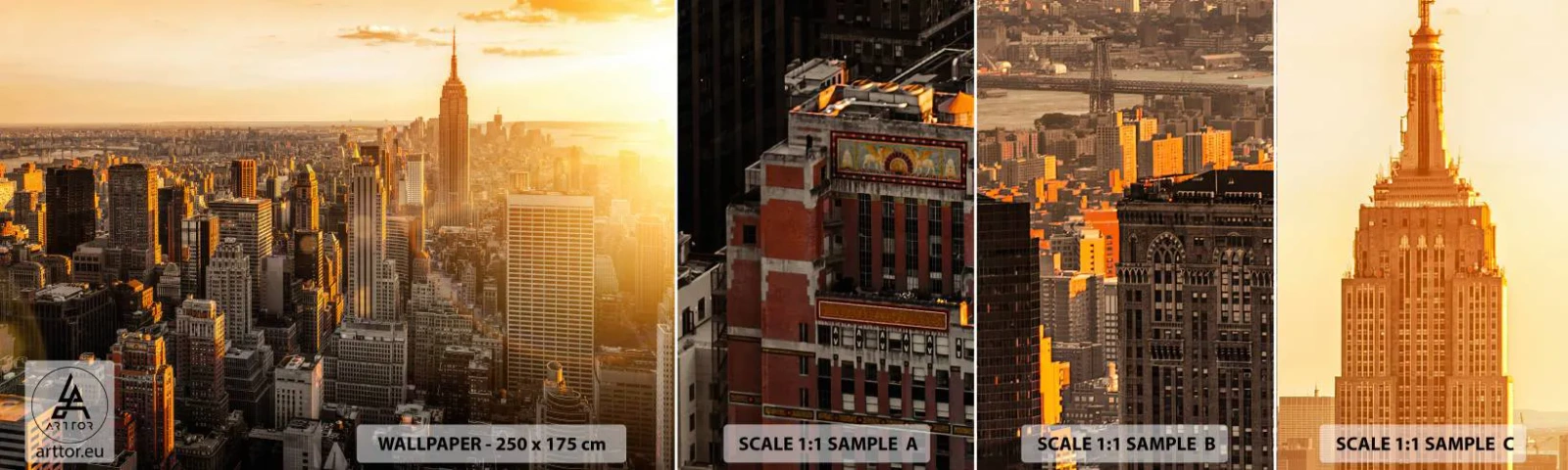 Provbit av självhäftande fototapet Deluxe Sticker - Växa i solskenet - Stad, New York, Arkitektur - 100x30 cm