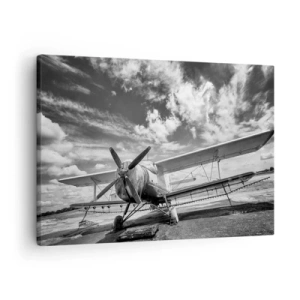 Canvastavla - Bild på duk - Ett gammalt flygplan på flygplatsen i svartvitt - 70x50cm - Jag kan inte vänta! - Modern väggdekoration för vardagsrum och sovrum ARTTOR