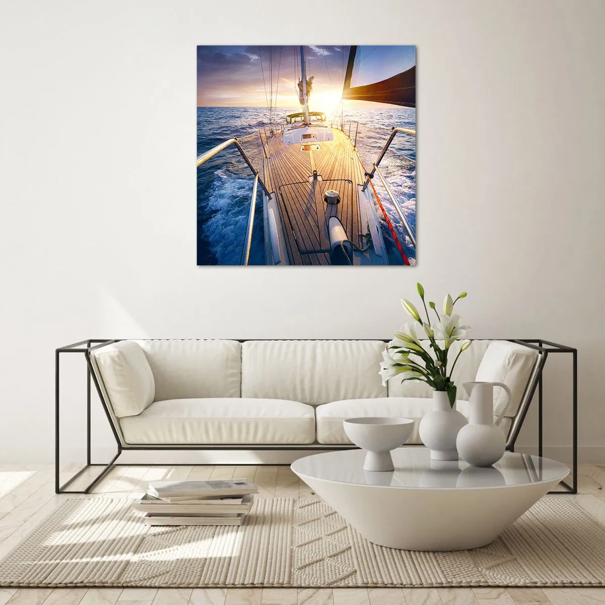 Glastavla - Bild på glas - Springa på vågorna - 70x70 cm