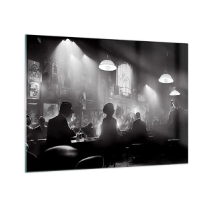 Glastavla - Bild på glas - Svartvit jazzscen i en klubbinredning - 70x50cm - I en jazzig stämning - Modern väggdekoration för vardagsrum och sovrum ARTTOR
