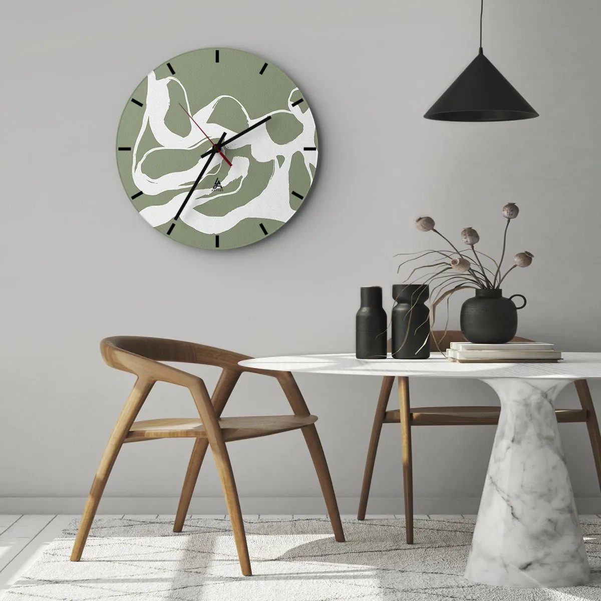 Väggklocka - Klocka på glas - Organiska vita former på en olivgrön bakgrund - 30x30cm - Rymdens kallelse - Modern väggdekoration för vardagsrum, kök och sovrum ARTTOR