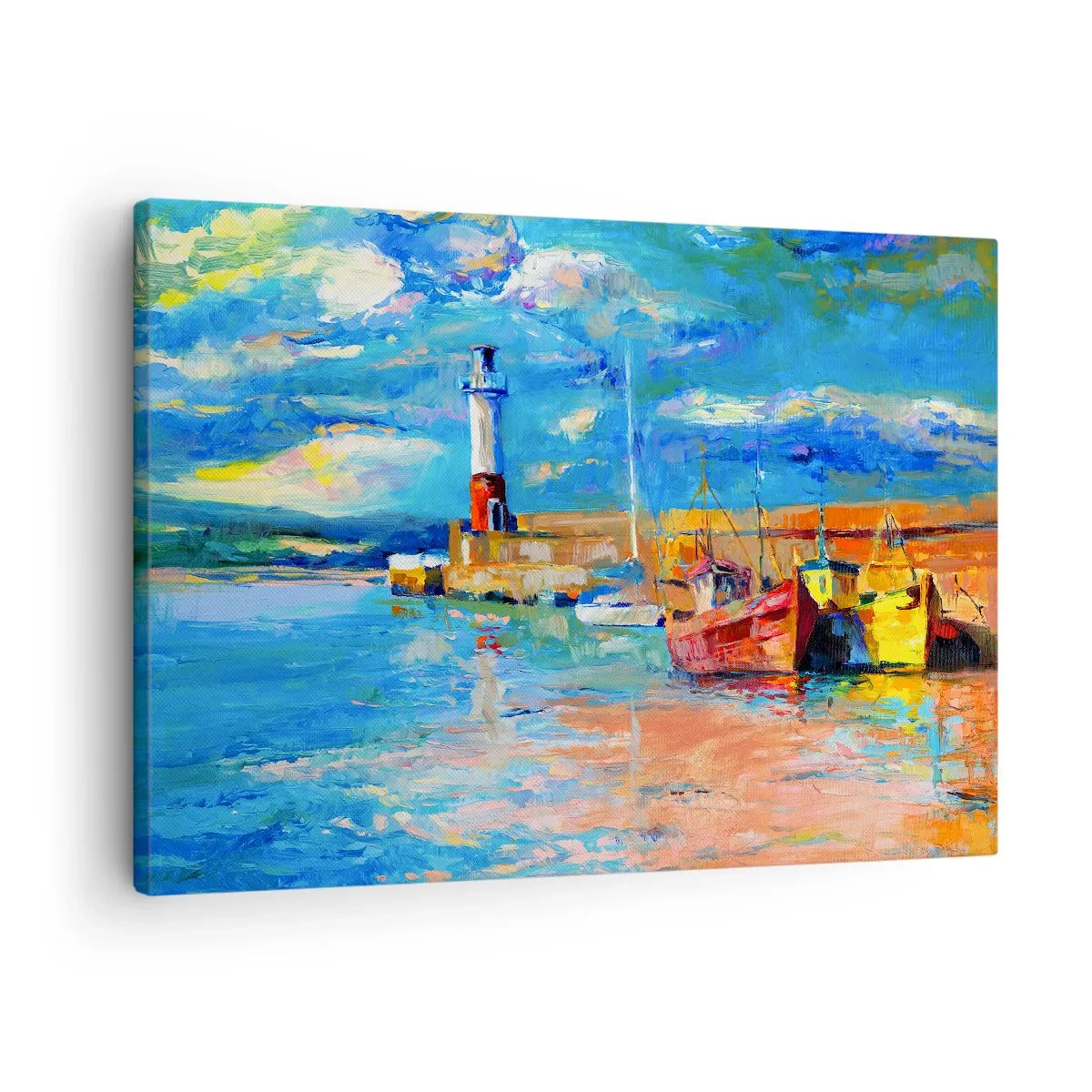 Canvastavla - Bild på duk - Fiskehamn med båtar och en fyr i ljusa färger - 70x50cm - Eftermiddag i regnbågsviken - Modern väggdekoration för vardagsrum och sovrum ARTTOR