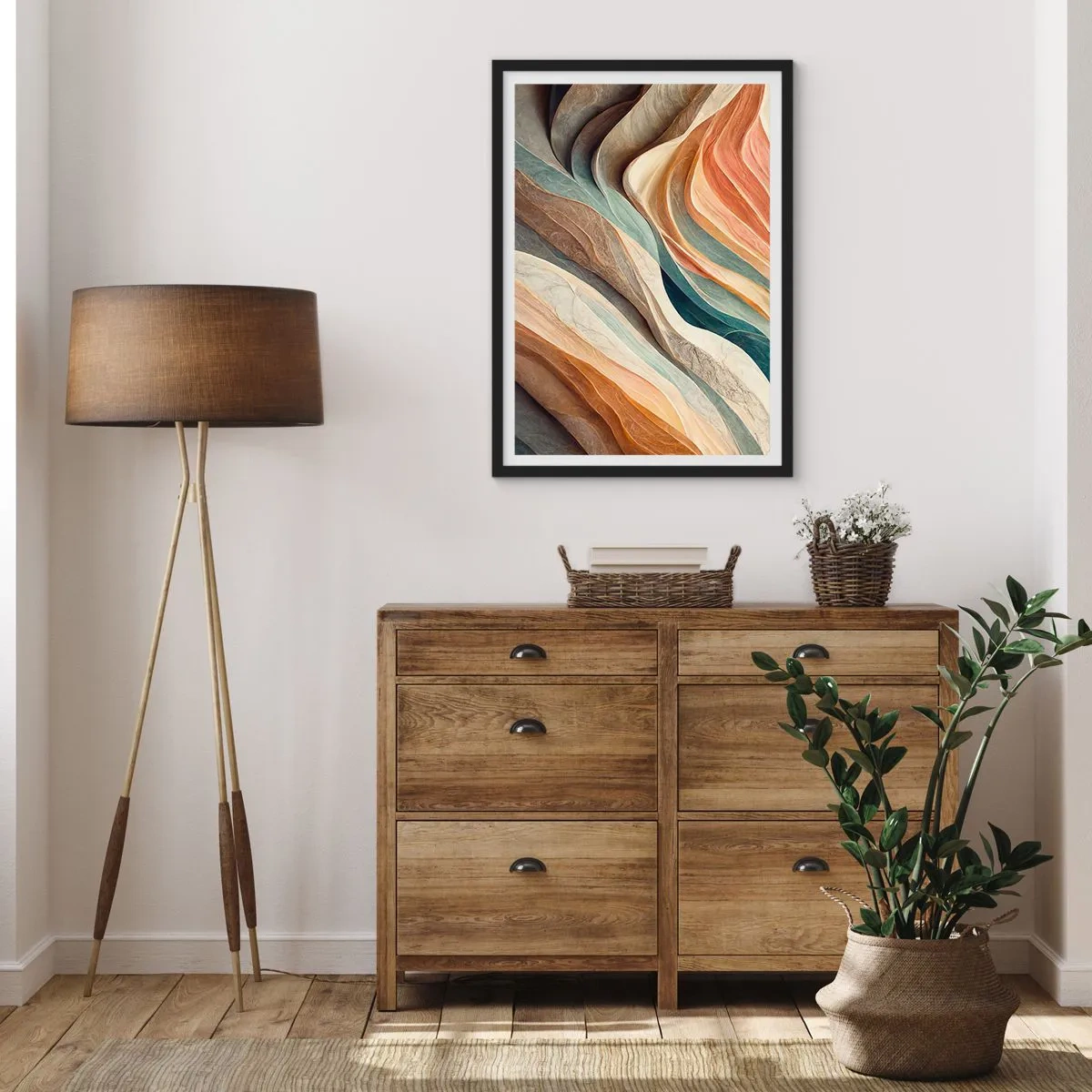 Affisch i svart ram - Organiska vågor i varma, naturliga nyanser - 50x70cm - Ögonblick före förändring - Modern väggdekoration för vardagsrum och sovrum ARTTOR