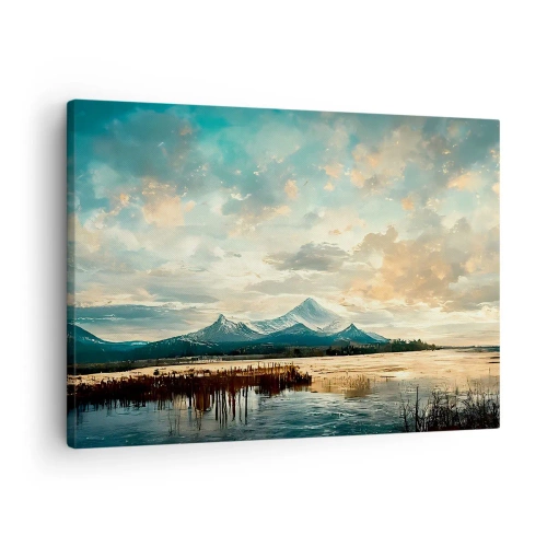 Canvastavla - Bild på duk - Ett pittoreskt landskap med ett berg och en lugn sjö - 70x50cm - Under himlens skydd - Modern väggdekoration för vardagsrum och sovrum ARTTOR