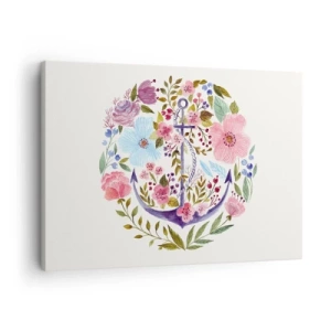 Canvastavla - Bild på duk - Ett ankare omgivet av akvarellblommor mot en ljus bakgrund - 70x50cm - En seglares goda sömn - Modern väggdekoration för vardagsrum och sovrum ARTTOR