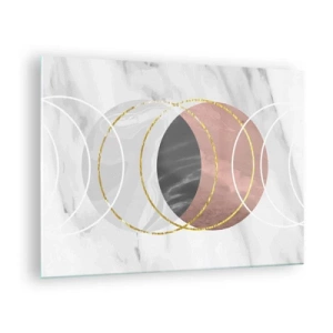 Glastavla - Bild på glas - Geometriska cirklar i nyanser av koppar, guld och marmor - 70x50cm - Sfärernas musik - Modern väggdekoration för vardagsrum och sovrum ARTTOR
