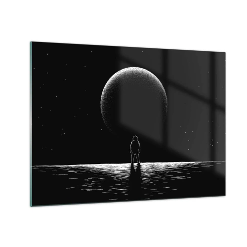 Glastavla - Bild på glas - Astronaut som står framför en planet i svartvitt - 70x50cm - Ansikte mot ansikte - Modern väggdekoration för vardagsrum och sovrum ARTTOR