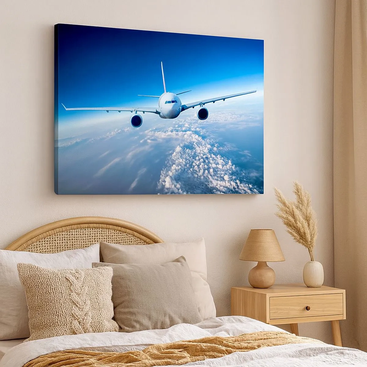 Canvastavla - Bild på duk - Ett flygplan som flyger över molnen mot en blå himmel - 70x50cm - Jag flyger för jag vill - Modern väggdekoration för vardagsrum och sovrum ARTTOR