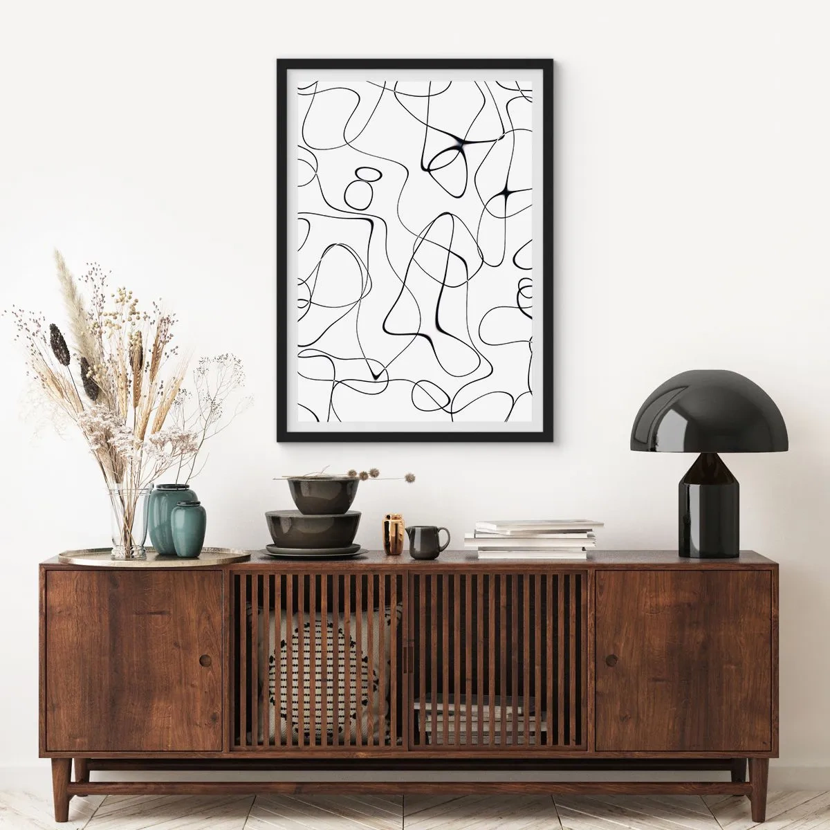 Affisch i svart ram - Abstrakta svarta linjer på en vit bakgrund - 50x70cm - Livets stigar, ödets tur - Modern väggdekoration för vardagsrum och sovrum ARTTOR
