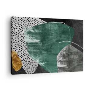 Canvastavla - Bild på duk - Abstrakt komposition med gröna former och prickmönster - 70x50cm - Färgstark abstraktion med en guldflinga - Modern väggdekoration för vardagsrum och sovrum ARTTOR