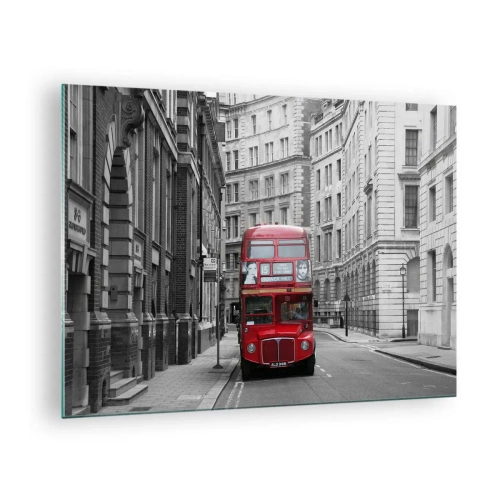 Glastavla - Bild på glas - En röd buss bland de monokromatiska stadens gator - 70x50cm - Vardagen behöver inte vara grå - Modern väggdekoration för vardagsrum och sovrum ARTTOR
