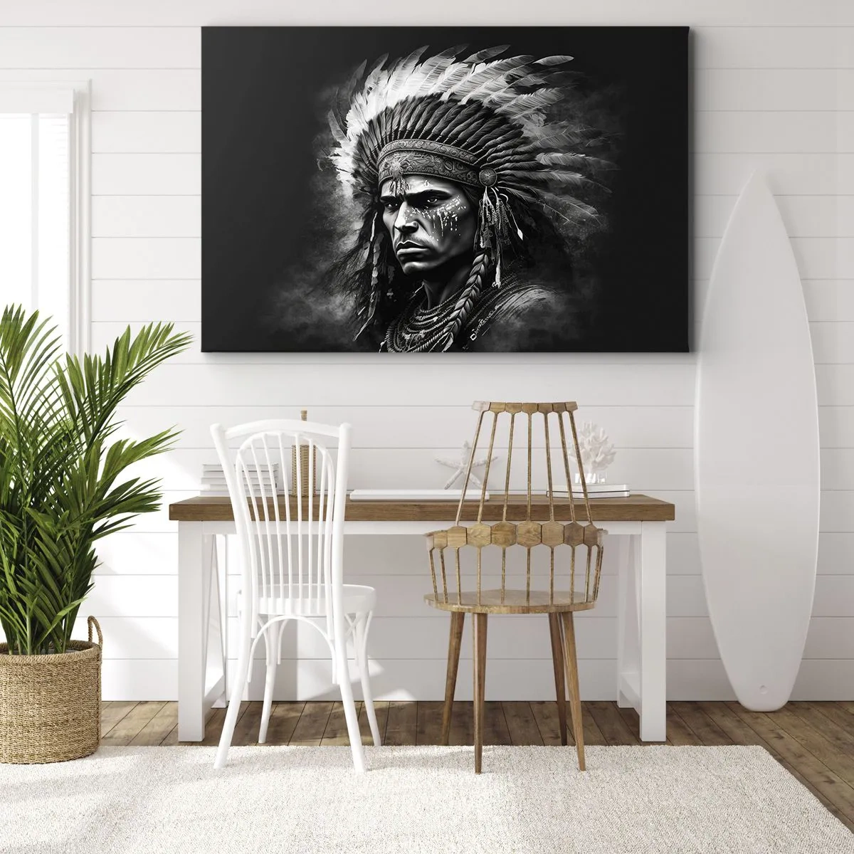Canvastavla - Bild på duk - Porträtt av en hövding i befjädrad huvudbonad mot svart bakgrund - 70x50cm - Hövding och krigare - Modern väggdekoration för vardagsrum och sovrum ARTTOR