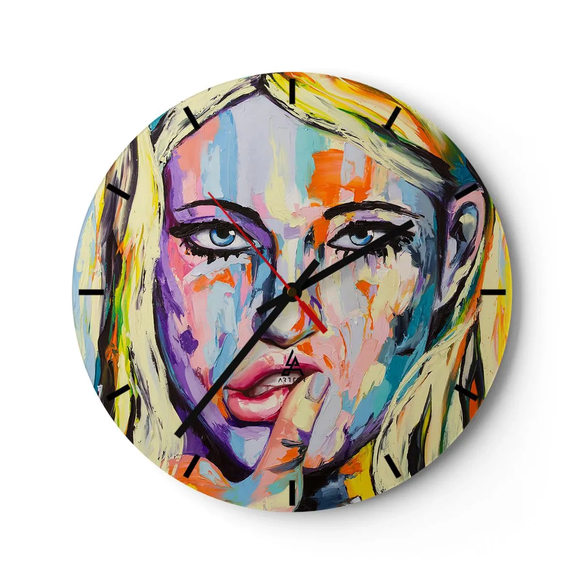 Väggklocka - Klocka på glas - Konstnärligt porträtt av en kvinna i färgglada färger - 30x30cm - Titta henne rakt in i ögonen - Modern väggdekoration för vardagsrum, kök och sovrum ARTTOR