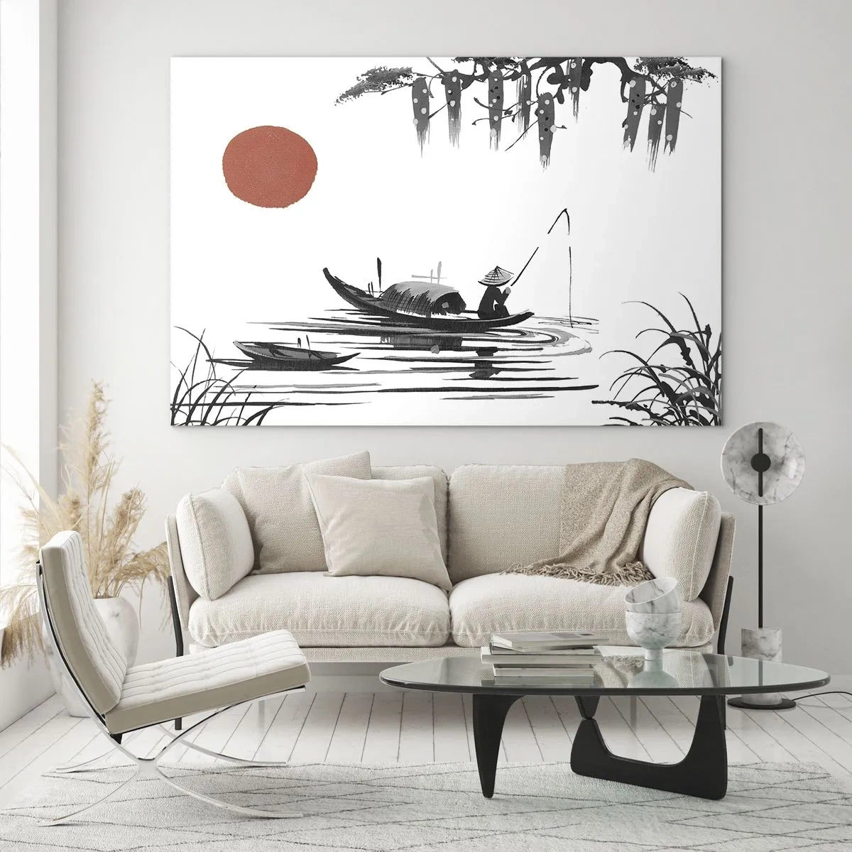 Glastavla - Bild på glas - Traditionell fiskebåt på en flod med en röd sol - 70x50cm - Asiatisk eftermiddag - Modern väggdekoration för vardagsrum och sovrum ARTTOR