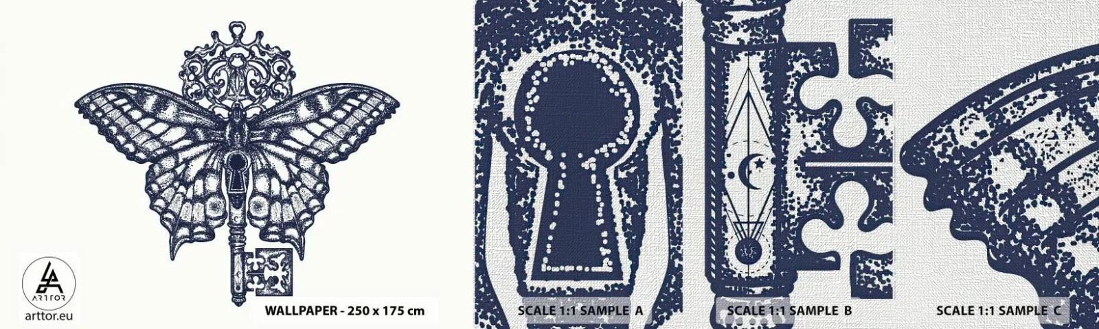 Provbit av fototapet Premium Canvas - Hjärtats alla hemligheter - Abstraktion, Fjäril, Nyckel - 100x30 cm