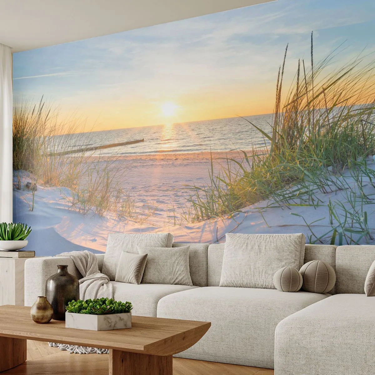 Självhäftande Fototapet Deluxe Sticker - Havets brus, fågelsång, tom strand bland träden - Landskap, Hav, Sanddyner - 250x175 cm