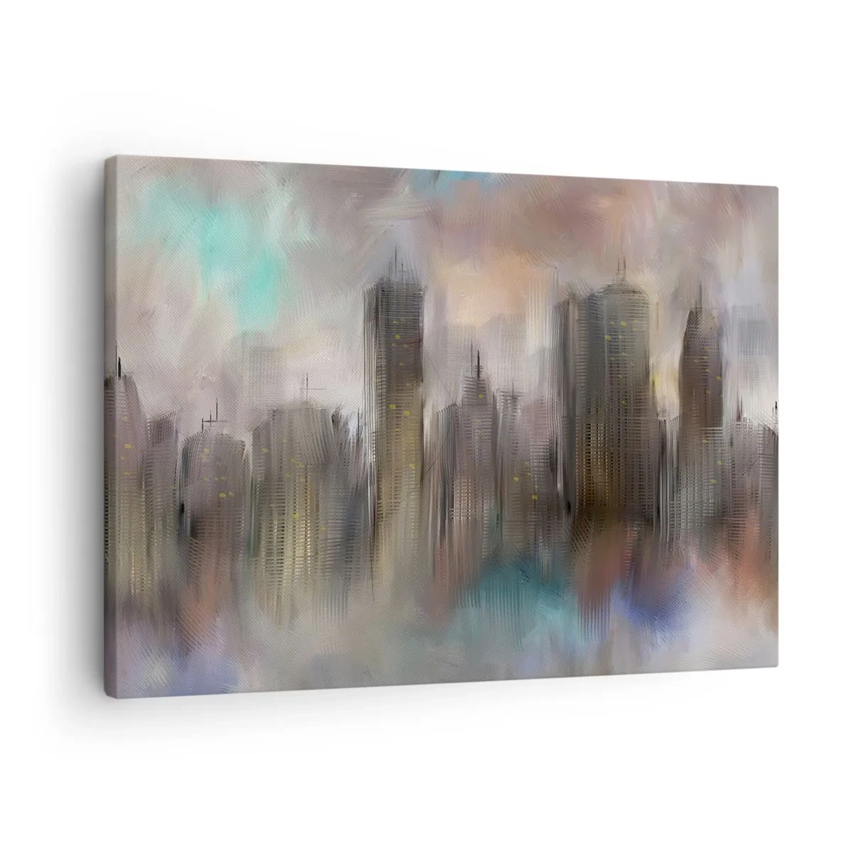 Canvastavla - Bild på duk - En konstnärlig vision av ett urbant landskap med skyskrapor i pastellfärger. - 70x50cm - Komposition av stål, sten och dimma - Modern väggdekoration för vardagsrum och sovrum ARTTOR