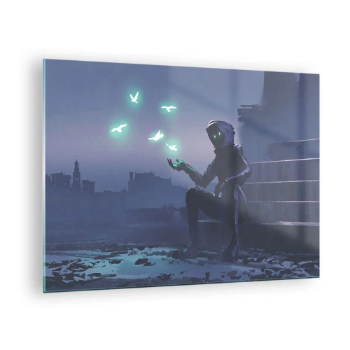 Glastavla - Bild på glas - En figur i mörkret omgiven av svävande gröna fåglar - 70x50cm - Livet kommer tillbaka - Modern väggdekoration för vardagsrum och sovrum ARTTOR