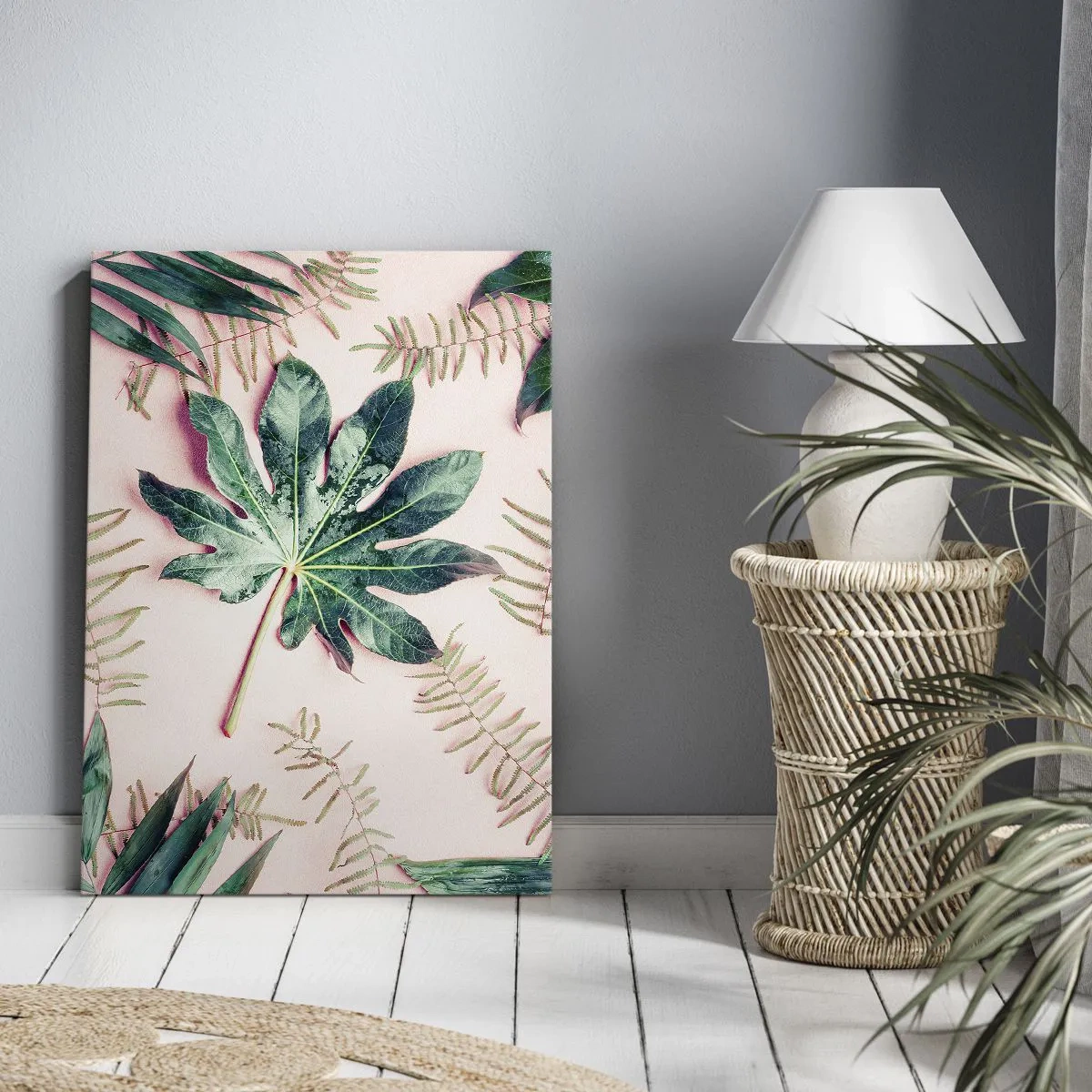 Canvastavla - Bild på duk - Grönskans studie mot rosa bakgrund - 45x80 cm