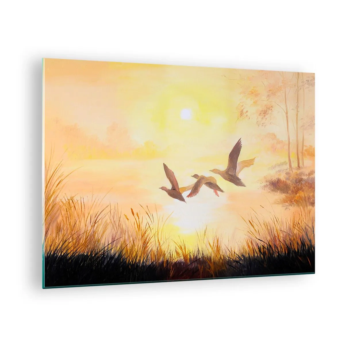 Glastavla - Bild på glas - Tre ankor som flyger över en sjö vid soluppgången - 70x50cm - Början av en lång resa - Modern väggdekoration för vardagsrum och sovrum ARTTOR