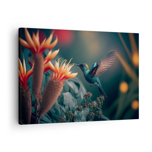 Canvastavla - Bild på duk - En färgglad kolibri bland blommor mot en naturlig bakgrund - 70x50cm - Ett verkligt färgglatt liv - Modern väggdekoration för vardagsrum och sovrum ARTTOR