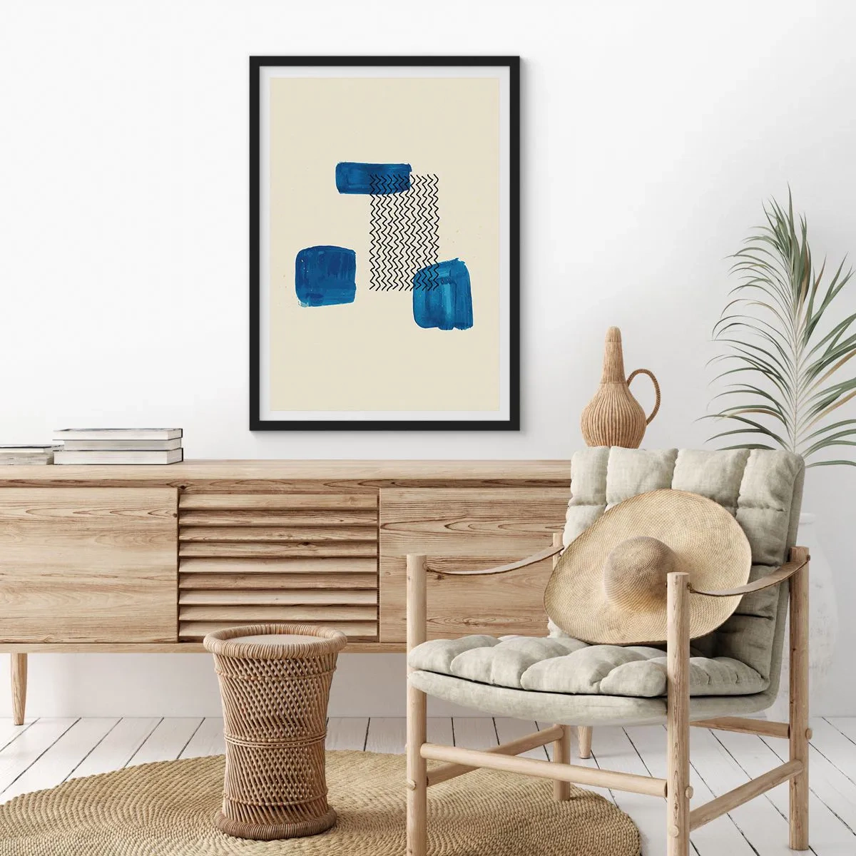 Affisch i svart ram - Abstrakt komposition i marinblå nyanser med linjer - 50x70cm - Abstrakt kvartett - Modern väggdekoration för vardagsrum och sovrum ARTTOR
