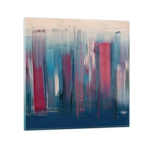 Glastavla - Bild på glas - Vertikal komposition i blått och rött - 30x30 cm