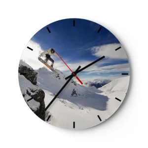 Väggklocka - Klocka på glas - Snowboardåkare i aktion med berg i bakgrunden - 30x30cm - Frihet utan gränserna - Modern väggdekoration för vardagsrum, kök och sovrum ARTTOR