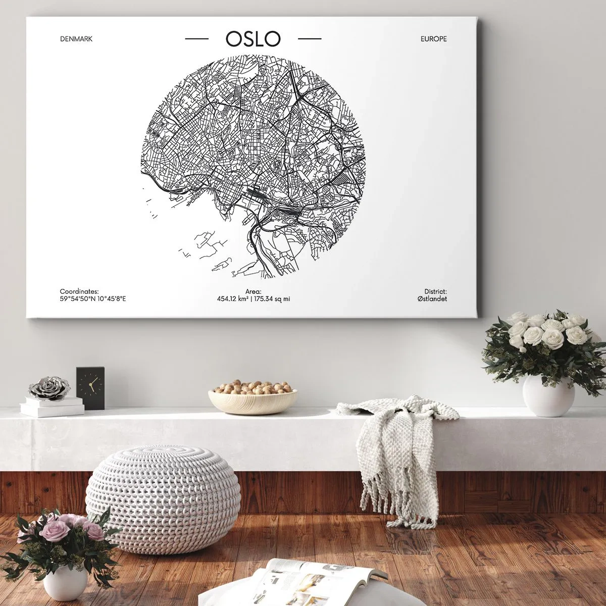 Canvastavla - Bild på duk - En karta över Oslo i minimalistisk svartvit stil. - 70x50cm - Oslos anatomi - Modern väggdekoration för vardagsrum och sovrum ARTTOR