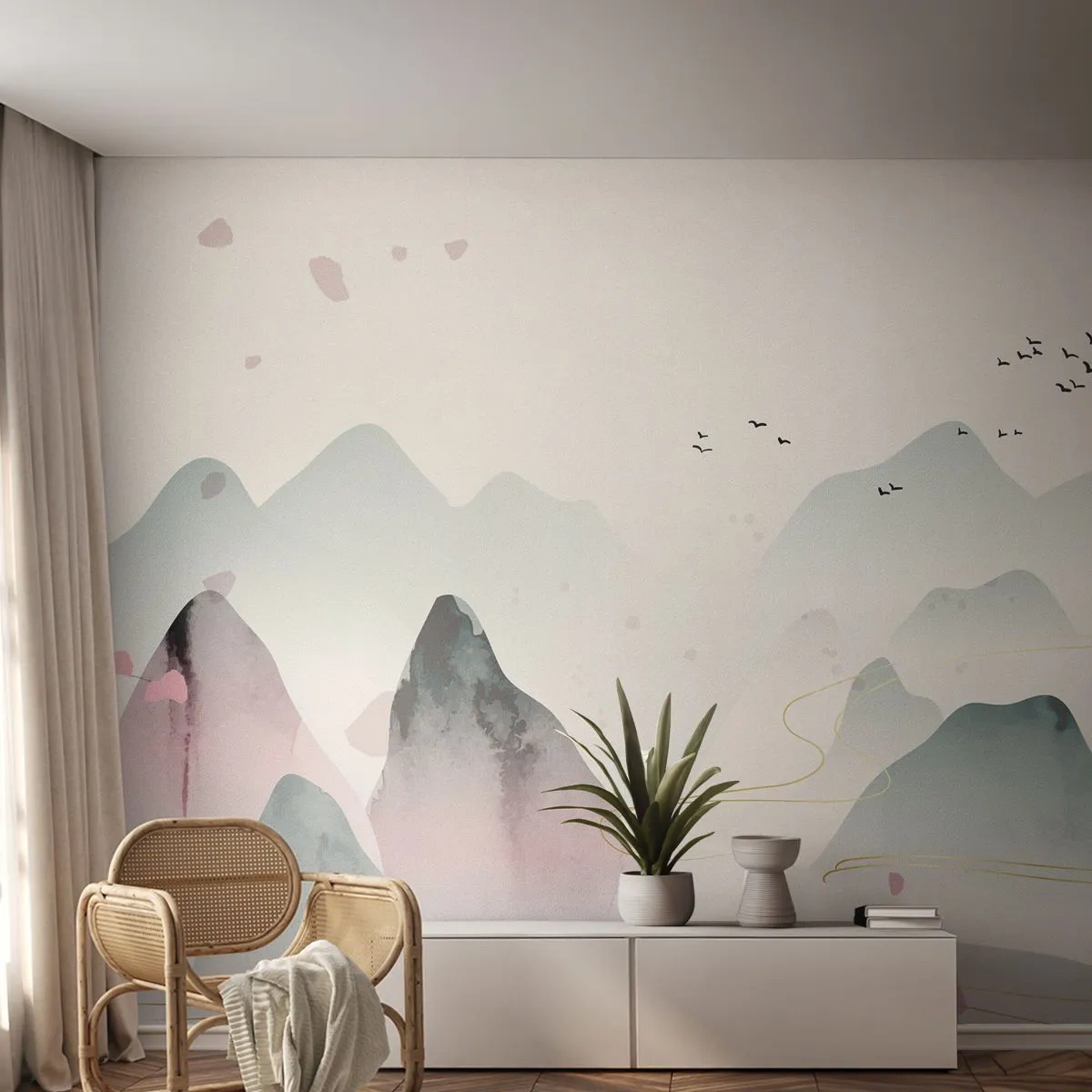 Fototapet Premium Canvas - Över topparna - Landskap, Fåglar, Berg - 250x175 cm