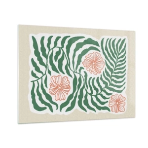 Glastavla - Bild på glas - Gröna blad och röda blommor i ett grafiskt arrangemang - 70x50cm - Blommande i grönt - Modern väggdekoration för vardagsrum och sovrum ARTTOR