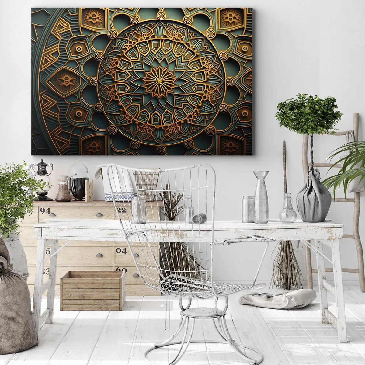 Canvastavla - Bild på duk - En guldmandala på turkos bakgrund med rika detaljer. - 70x50cm - I ett arabiskt klimat - Modern väggdekoration för vardagsrum och sovrum ARTTOR