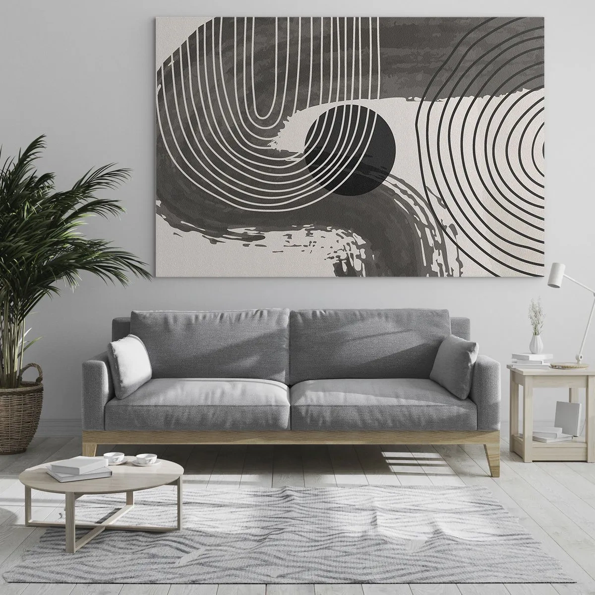 Glastavla - Bild på glas - Modern abstraktion med svarta och vita linjer och en oval - 70x50cm - Ovalen vinner - Modern väggdekoration för vardagsrum och sovrum ARTTOR