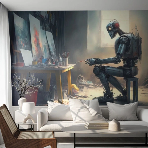 Självhäftande Fototapet Deluxe Sticker - Den skapande handlingen - Bit, Målning, Robot - 200x140 cm