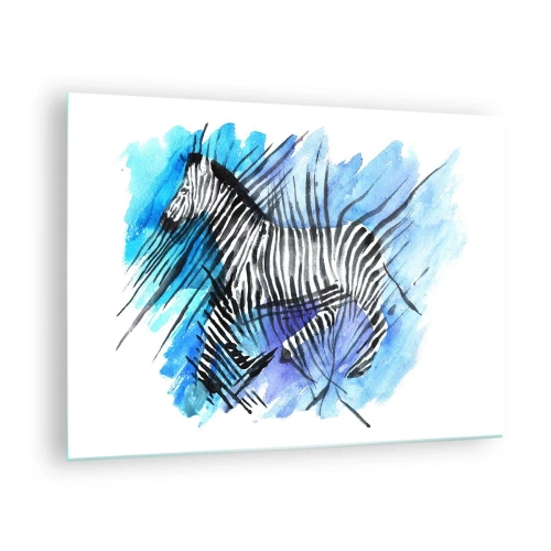 Glastavla - Bild på glas - En zebra i en konstnärlig akvarellkomposition mot en blå bakgrund - 70x50cm - Gömd i ränderna - Modern väggdekoration för vardagsrum och sovrum ARTTOR