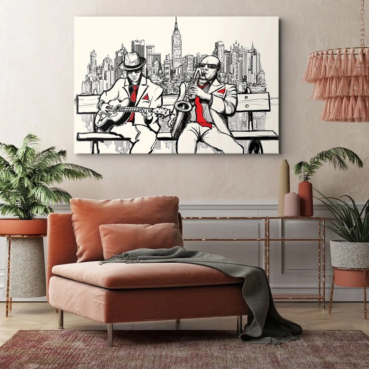 Canvastavla - Bild på duk - En jazzduo med saxofon och gitarr mot stadens bakgrund - 70x50cm - New Yorks improvisation - Modern väggdekoration för vardagsrum och sovrum ARTTOR