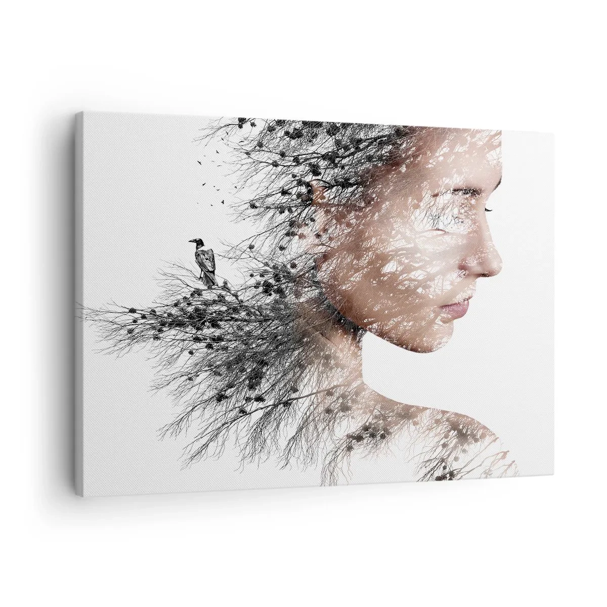 Canvastavla - Bild på duk - Silhuett av en kvinna med ett gren- och fågelmotiv i bakgrunden - 70x50cm - Skogens ande - Modern väggdekoration för vardagsrum och sovrum ARTTOR