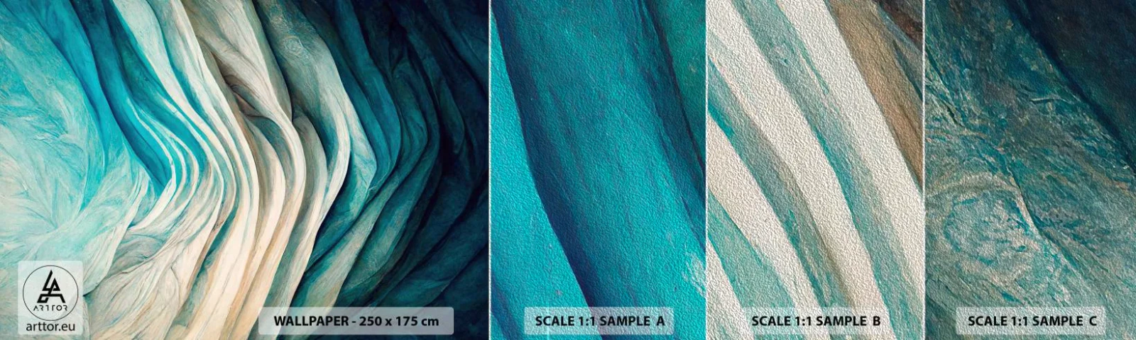 Provbit av fototapet Premium Sand - Blå omättlighet - Bit, 3D, Abstraktion - 100x30 cm