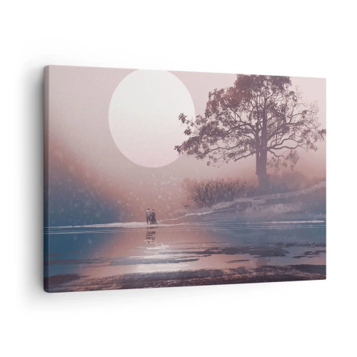 Canvastavla - Bild på duk - Romantisk scen med månen och ett träd vid vattnet - 70x50cm - Nattens under - Modern väggdekoration för vardagsrum och sovrum ARTTOR