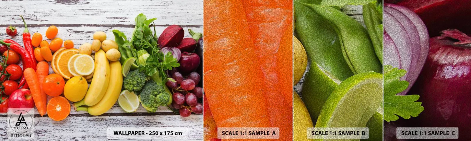 Provbit av fototapet Premium Sand - Räcker det inte? - Gastronomi, Frukt, Grönsaker - 100x30 cm