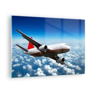 Glastavla - Bild på glas - Ett passagerarplan som flyger över molnen mot en blå himmel - 70x50cm - Lämna allt detta - Modern väggdekoration för vardagsrum och sovrum ARTTOR