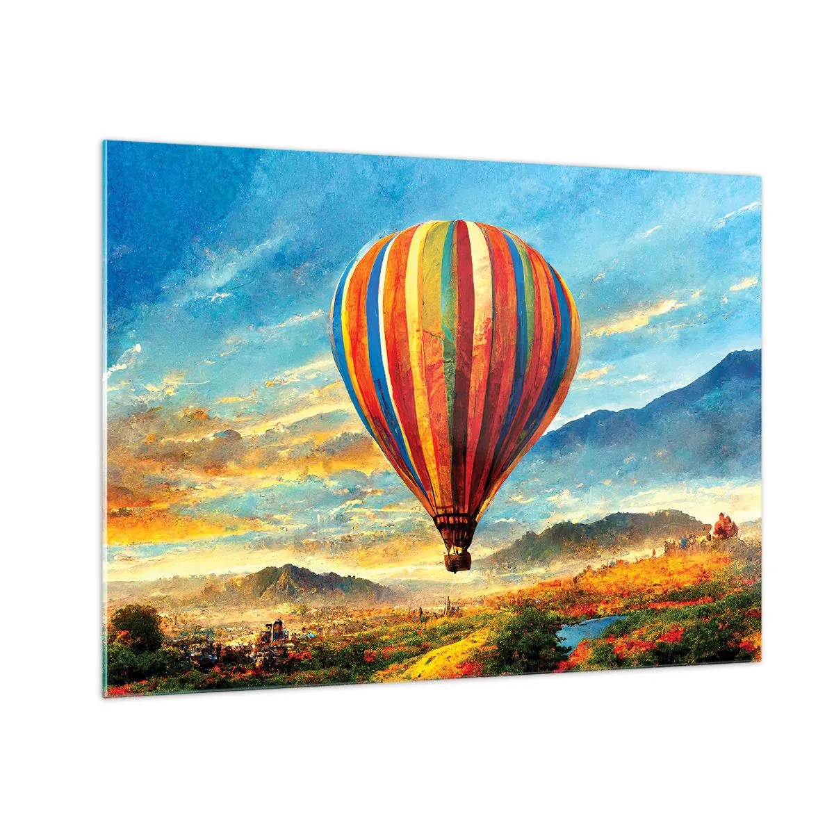 Glastavla - Bild på glas - En färgglad ballong som svävar över ett bergslandskap - 70x50cm - I tystnad ser man mer - Modern väggdekoration för vardagsrum och sovrum ARTTOR