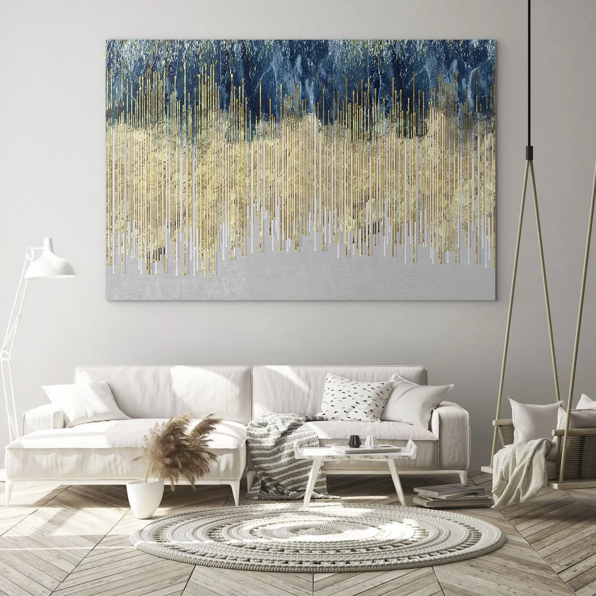 Glastavla - Bild på glas - Gyllene vertikala linjer mot en mörkblå skogsbakgrund - 70x50cm - Förgylld gräns - Modern väggdekoration för vardagsrum och sovrum ARTTOR
