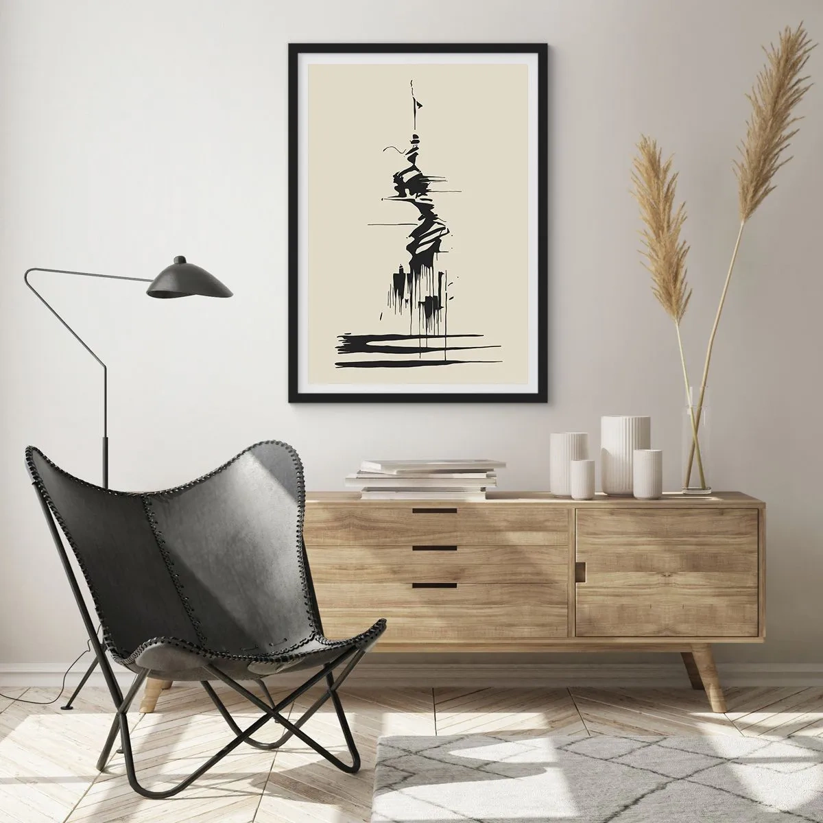 Affisch i svart ram - En abstrakt teckning av en figur mot en vågig bakgrund. - 50x70cm - Skyndsam abstraktion - Modern väggdekoration för vardagsrum och sovrum ARTTOR